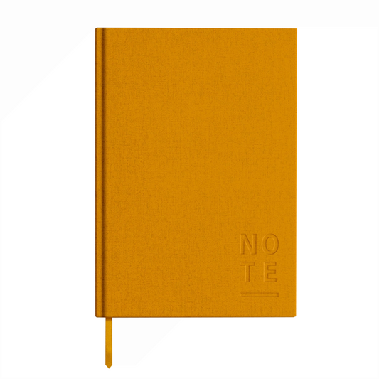 Mustard yellow notebook with ribbon ad debossed NO TE at bottom right corner.