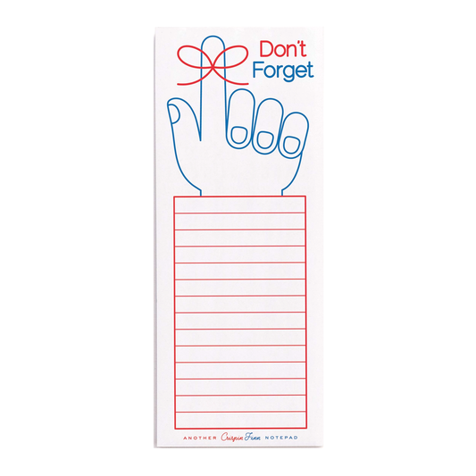 line drawing of hand with string tied around finger and the words Don't Forget above a box with lines that looks like a shirtsleeve