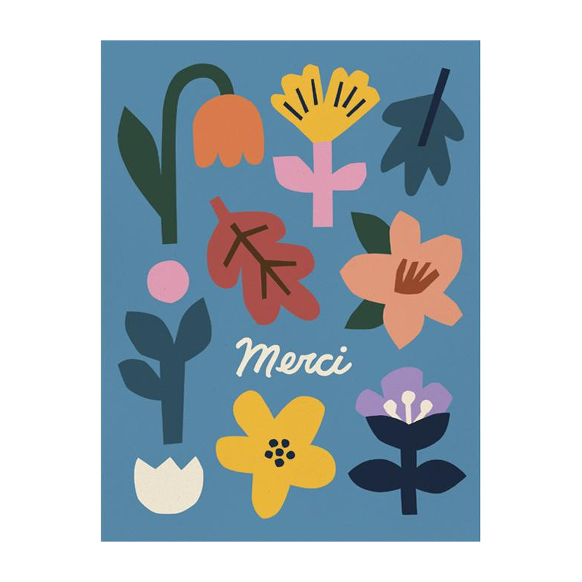 Blue background with fall tone flowers and leaves around a cursive Merci.