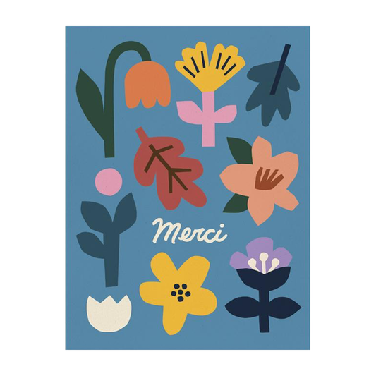 Blue background with fall tone flowers and leaves around a cursive Merci.