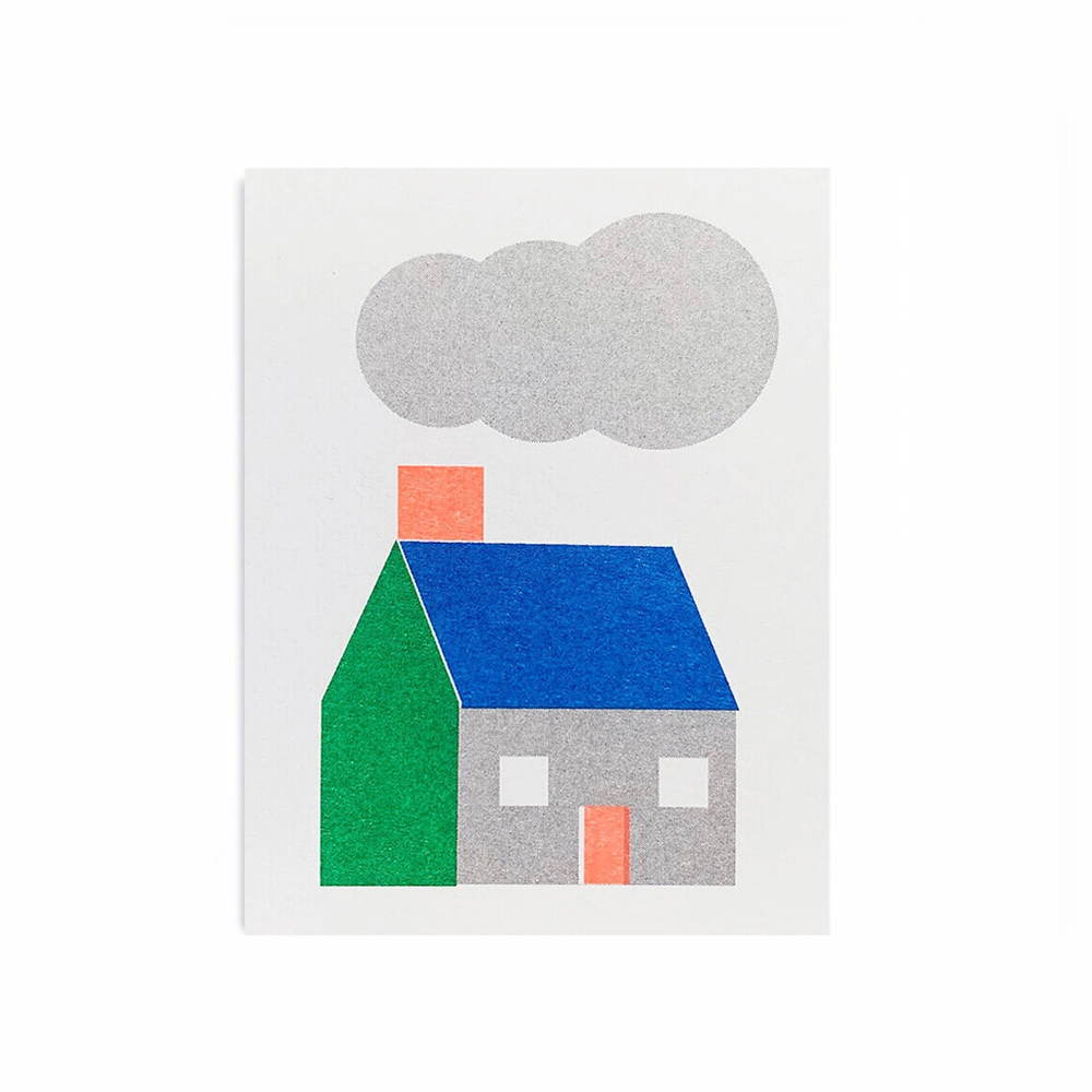 Simple house image with a blue roof, green left side of buliding, gray front with orange chimney and front door and gray cloud above