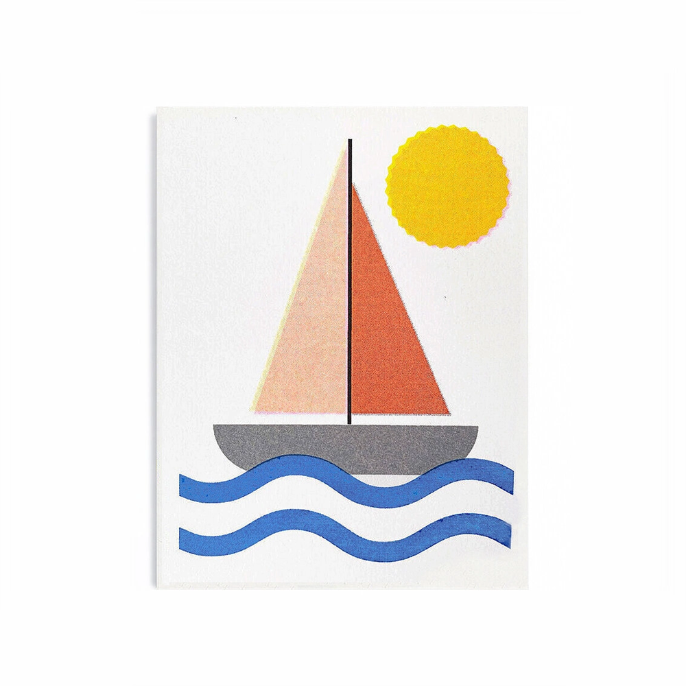 Simple image of sailboat with gray boat and orange sail and two blue lines for water and yellow sun above