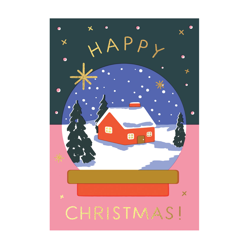 Representation of a snowy cabin in a snow globe with the text HAPPY CHRISTMAS!