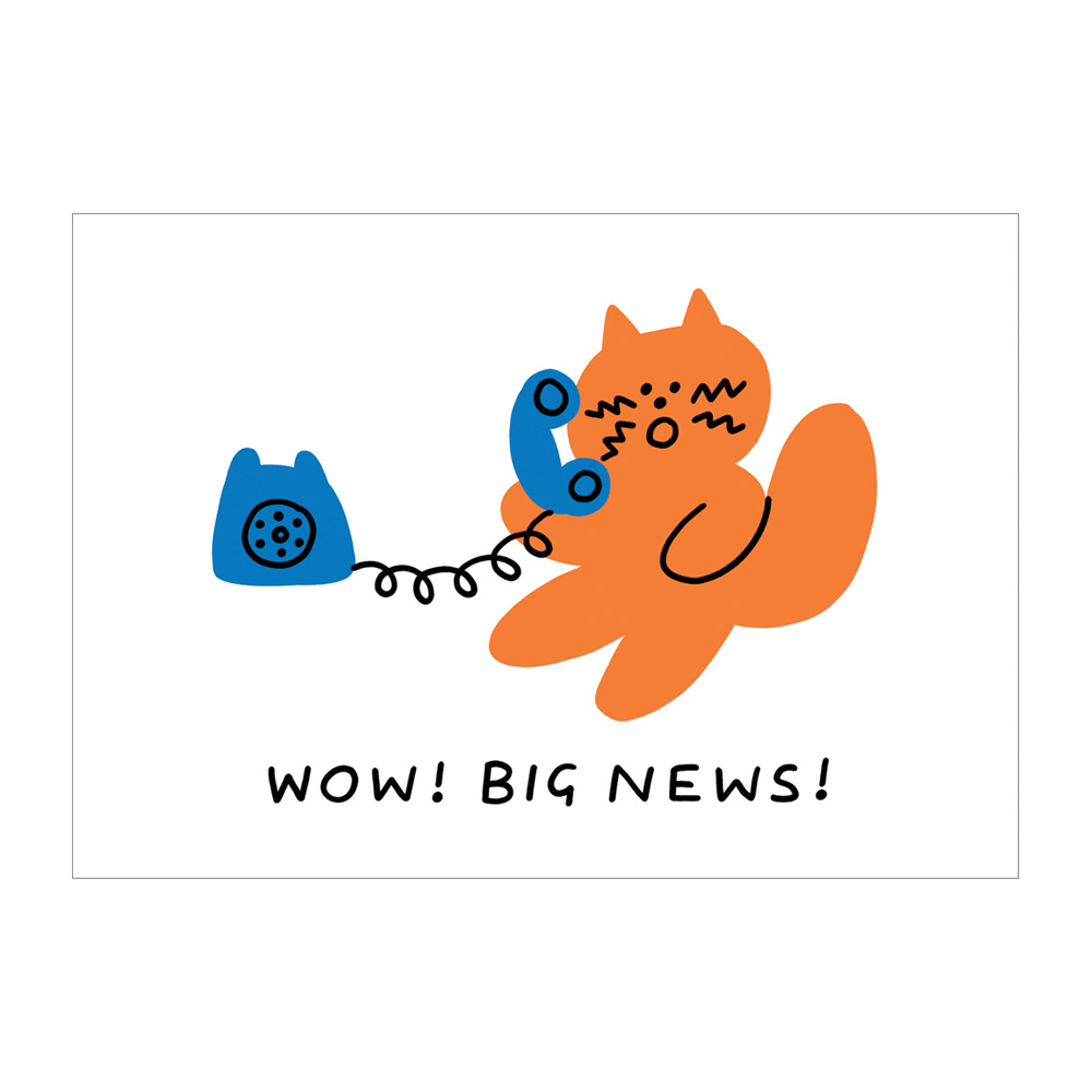 Comic drawing of a cat on a rotary phone with the text "WOW! BIG NEWS!"