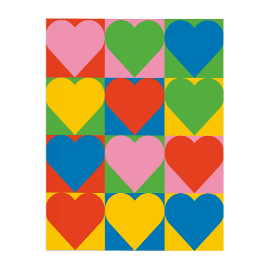 Greeting card with 12 illustrated hearts in different colors filling the card from top to bottom.