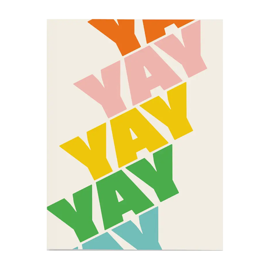 Greeting card that says "YAY" written repeating across the card in different colors.